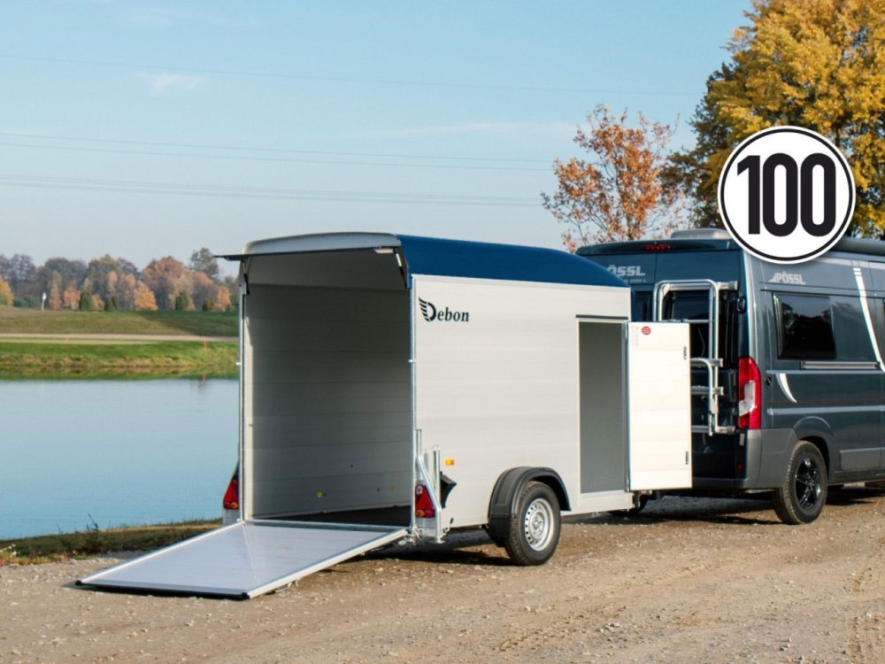 Debon Kofferanhänger Cargo 148x295cm H:190cm 1,3t|Alu, Polybug|Tür|blau-Neu